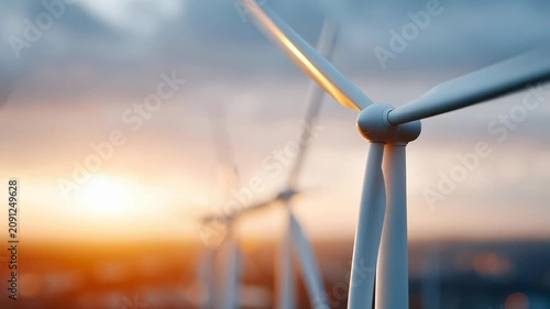 Solar panels gleam in morning light. Wind turbines spin, harnessing clean energy. Distant city skyline glows softly. Nature meets innovation in this quiet scene. Ideal for renewable energy