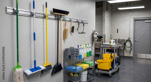 Φωτογραφία Janitorial storage area with wall mounted mops, brooms, buckets, and cleaning ca