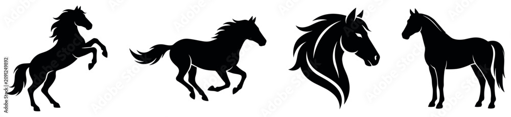 Fototapeta premium Horse silhouette collection with galloping rearing and head profile icons for equestrian.