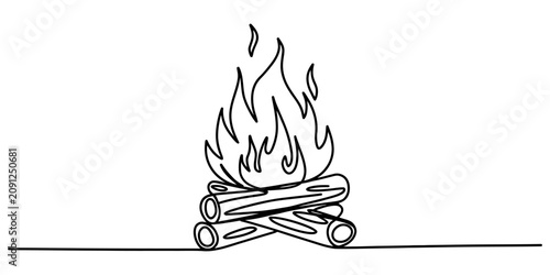 Bild auf Leinwand Continuous single line drawing of a campfire with burning wood logs and flickeri