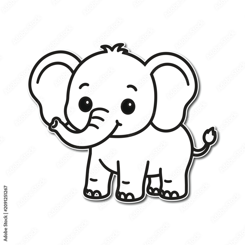 Fototapeta premium Cute Kawaii Baby Elephant Cartoon Outline Coloring Book Vector Illustration for Kids