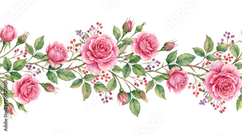 Elegant watercolor illustration of a seamless border featuring blooming pink garden roses, lush green leaves, and delicate berries, perfect for decorative designs