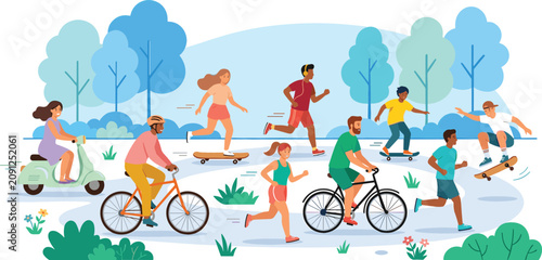 Foto Active people enjoying outdoor sports in public city park riding bicycles runnin