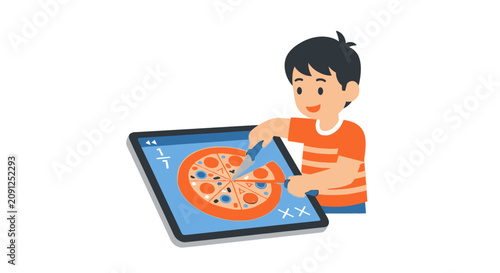 Boy Learning Math Fractions with Pizza on Tablet, Educational Technology and E-Learning for Children Illustration, Vector Graphic on White Background