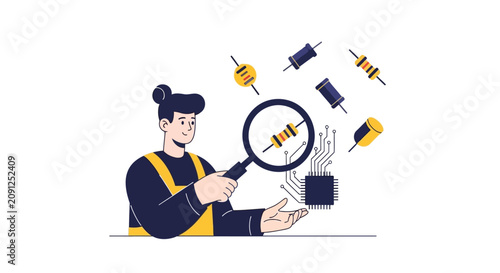 Electronics Engineer Inspecting Components with Magnifying Glass Illustration