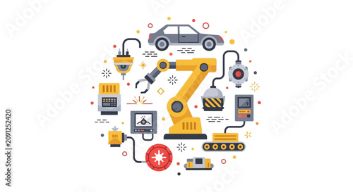 Industrial 4.0 Smart Factory Automation Concept with Robotic Arm, Car Manufacturing, and Conveyor Belt Icons