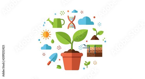 Agriculture and Plant Growth Biotechnology Vector Icons Set. Sustainable Farming, Gardening, and Botanical Science Concept with Potted Plant and DNA.