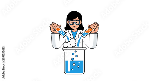 Female Scientist Illustration Mixing Chemicals in Lab Beaker, STEM Education Vector Art