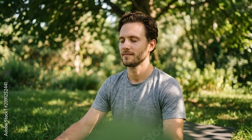 Young man meditating with eyes closed sitting on fitness mat in public park green nature background