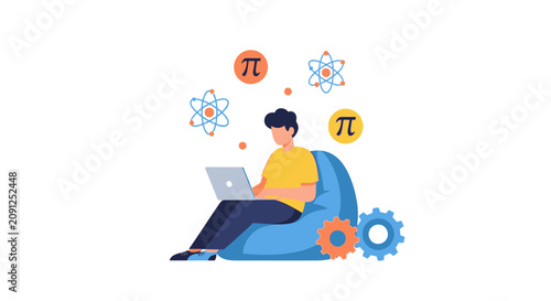 Online STEM Education Concept with Student Using Laptop and Science Icons Vector Illustration