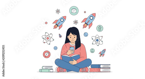 Digital Education and STEM Learning Concept Illustration of Girl Reading Book and Using Smartphone with Rocket and Science Icons