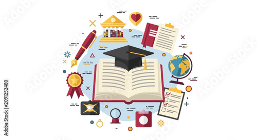 Education and Graduation Concept Illustration with Open Book Mortarboard and Learning Icons
