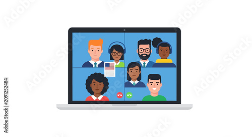 Video Conference Illustration of Diverse Global Team Meeting Online via Laptop Screen for Remote Business Collaboration and USA Document Sharing
