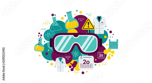 Science Laboratory Concept Illustration with Safety Goggles, Chemistry Flasks, Lab Coats, and Research Equipment - STEM Education Vector