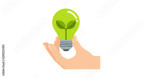 Eco-friendly innovation concept featuring a hand holding a green lightbulb with a plant sprout inside, representing sustainable energy and environmental conservation ideas.