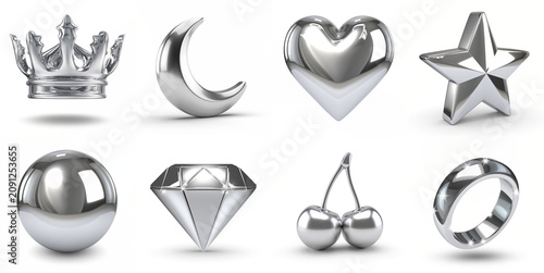Silver Chrome 3D Icon Set Crown Heart Star