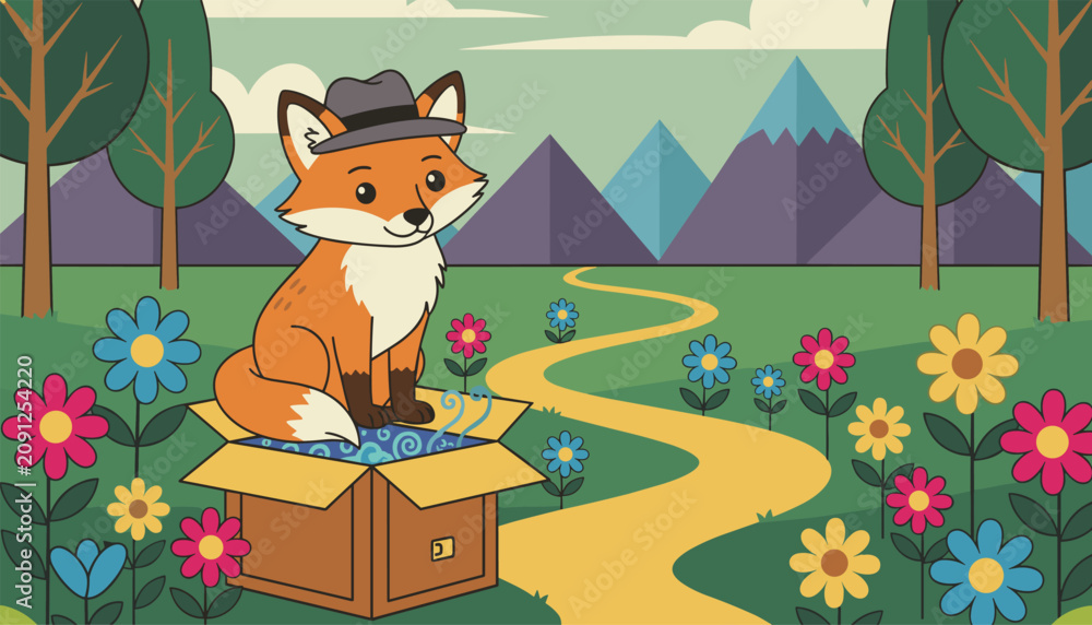 Fototapeta premium Cute cartoon red fox wearing a gray fedora hat sitting on a cardboard box in a colorful flower field.