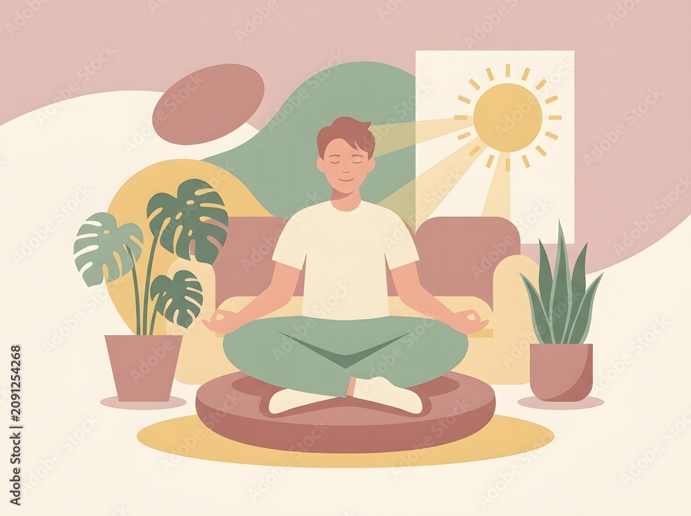 Fototapeta premium Young Adult Practicing Mindfulness Meditation in Cozy Home Interior