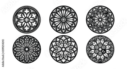 Cuadro en lienzo Circular floral ornaments black vector illustration on a white background