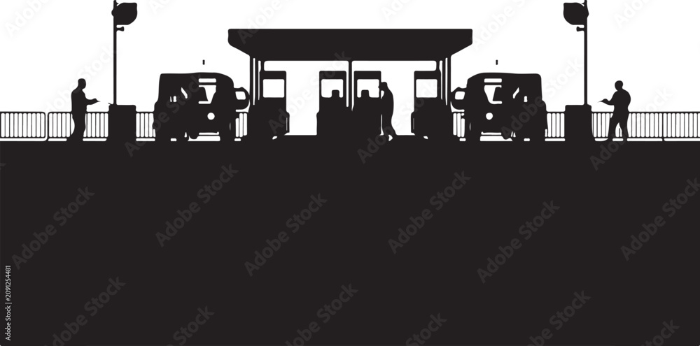 Obraz premium Bus stop, silhouette of people and vehicles black