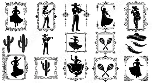 Tableau sur toile Mexican fiesta silhouette icons with collection black silhouettes with silhouett