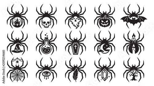 Foto Creepy Spider Black Silhouette Vector Halloween Set