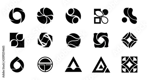Collection of abstract black with plain white background white geometric logos minimalist identity patterns logotype graphic symbol design with simple