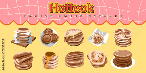 Photos Set of delicious Korean sweet pancakes called hotteok with various fillings and toppings