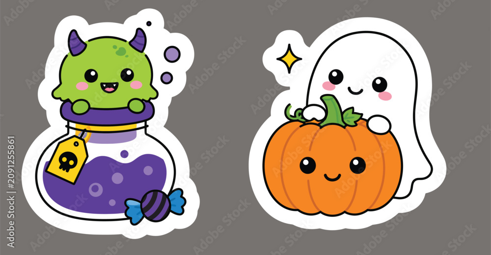 Fototapeta premium Cute Halloween Potion Monster and Ghost Pumpkin Sticker Vector Set