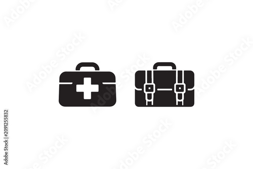 Medical first aid kit and professional briefcase set icons on white background for design.