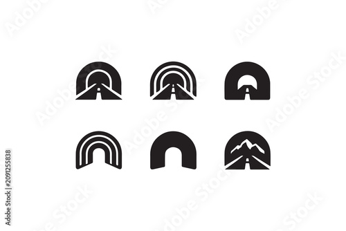 Tunnel and road icons collection showcasing various mountain and bridge passage symbols.