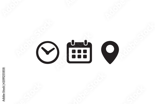 Clock calendar and location pin symbols set for appointment scheduling and event planning.