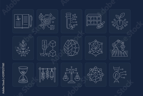 Editable stock line icons illustrating plant genetics and seed biotechnology concepts
