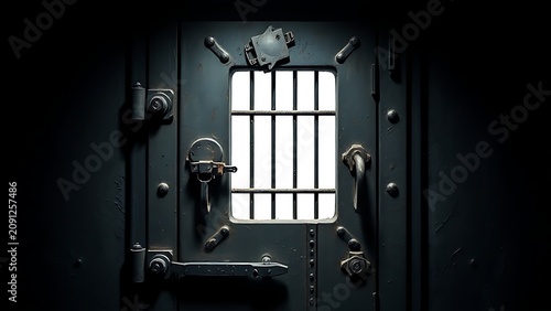 Weathered steel prison door with observation window and lock.