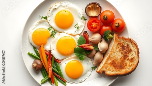 down. Breakfast plate with fried eggs, vegetables, mushrooms, and toast arranged in a circular composition. menu design.