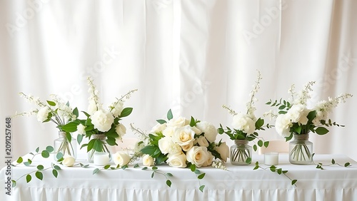 standard. Elegant wedding table setting with white and green floral arrangements on linen backdrop. lifestyle magazines.