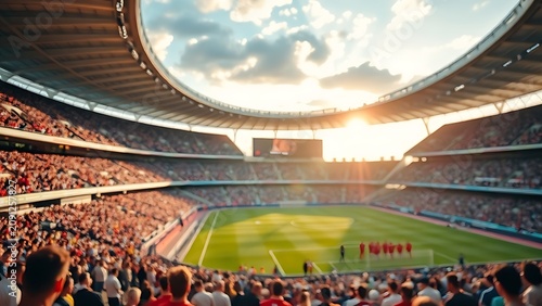 Soccer stadium at afternoon, vibrant atmosphere, natural ambient light, bustling venue.