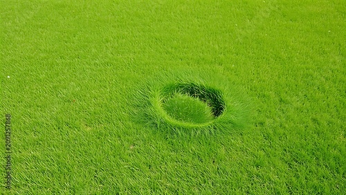 A small patch of missing grass in a perfect green lawn.