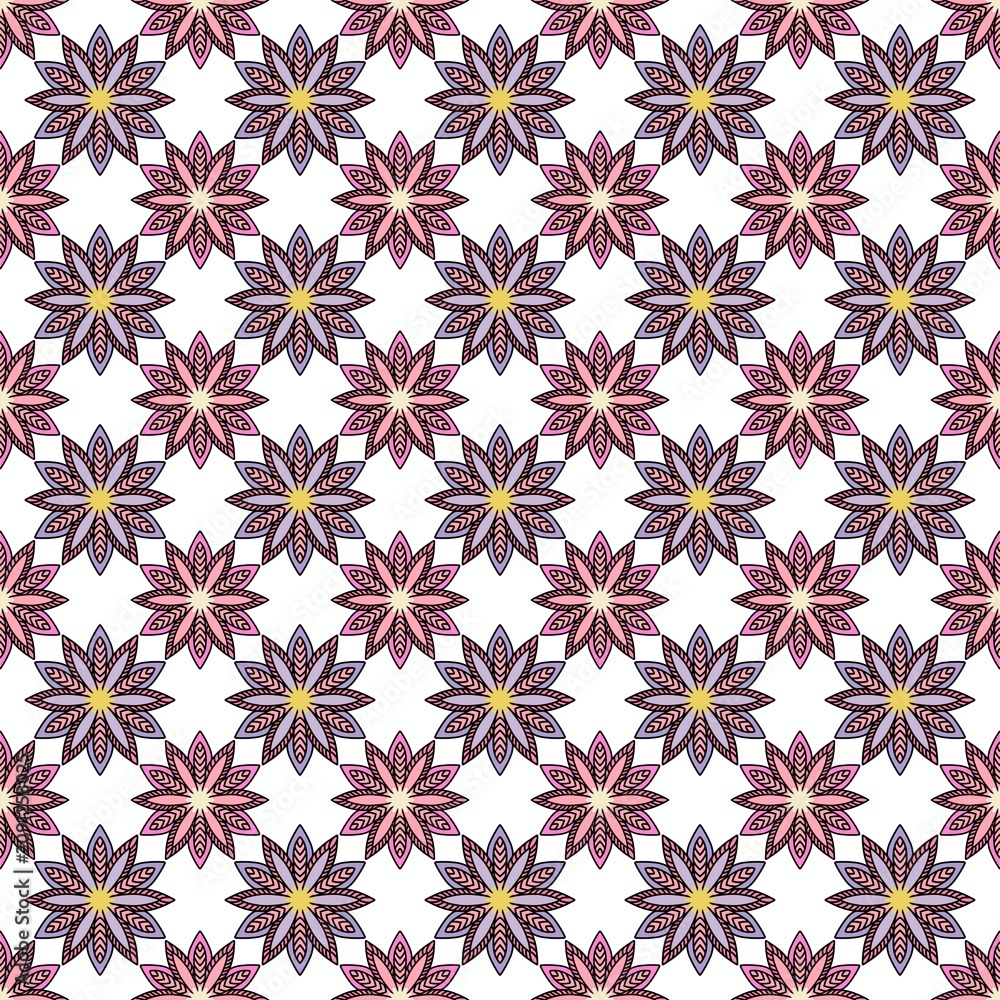 Fototapeta premium Seamless bohemian floral mandala pattern background in purple and pink 