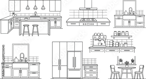 Schilderij op canvas Modern Kitchen Interior Outline Collection with Cabinets, Kitchen Island, Range