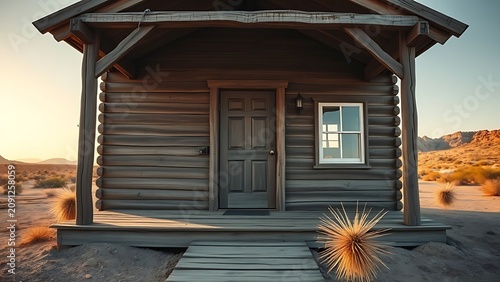 Abandoned desert cabin porch with a slightly ajar door and a tumbleweed at golden hour.