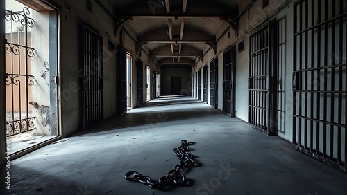An empty prison corridor with open iron doors and chains on the floor.