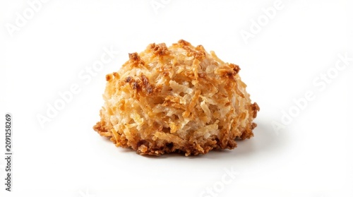 Single toasted coconut macaroon cookie on white background