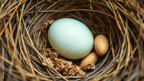 Single cuckoo egg lying in a nest belonging to a smaller bird.