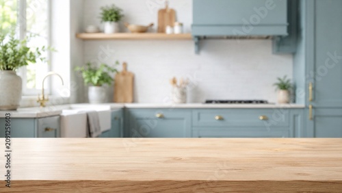 Empty Wooden Table in Bright Blue Kitchen Empty wooden tabletop with blurred blue kitchen, plants, sink, and soft daylight, ideal for product display or food styling 