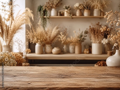 Rustic Wooden Table in Dried Flower Studio Empty rustic wooden tabletop with dried flowers, pampas grass, ceramics, and warm neutral decor for product display or floristry branding