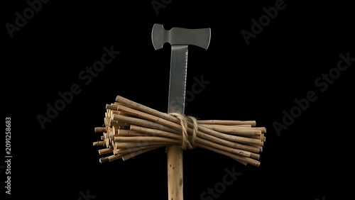 A bundle of wooden rods bound together with an axe blade emerging.