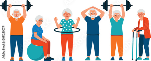 Active senior citizens exercising and staying fit with workout equipment healthy lifestyle character concept flat vector illustration