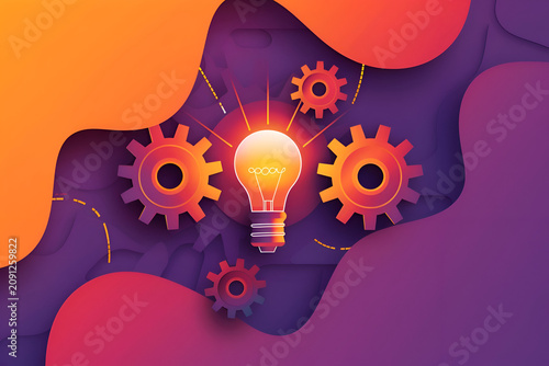 Creative innovation concept with glowing light bulb and gears in abstract design