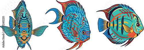 Obraz na płótnie Discus Fish Vector Illustration Set Featuring Colorful Blue and Orange Tropical